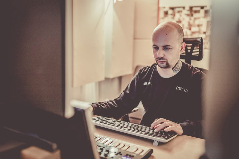 Jindrich Brechja aka Forbidden Society in his studio with ADAM Audio S2V nearfield monitors