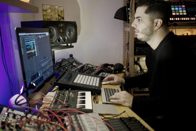 DJ and producer Wehbba in his studio with ADAM Audio A77X studio monitors