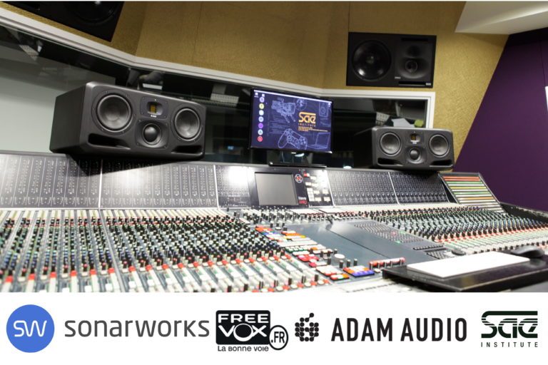 SAE Institut with ADAM Audio S3H studio monitors and company logos